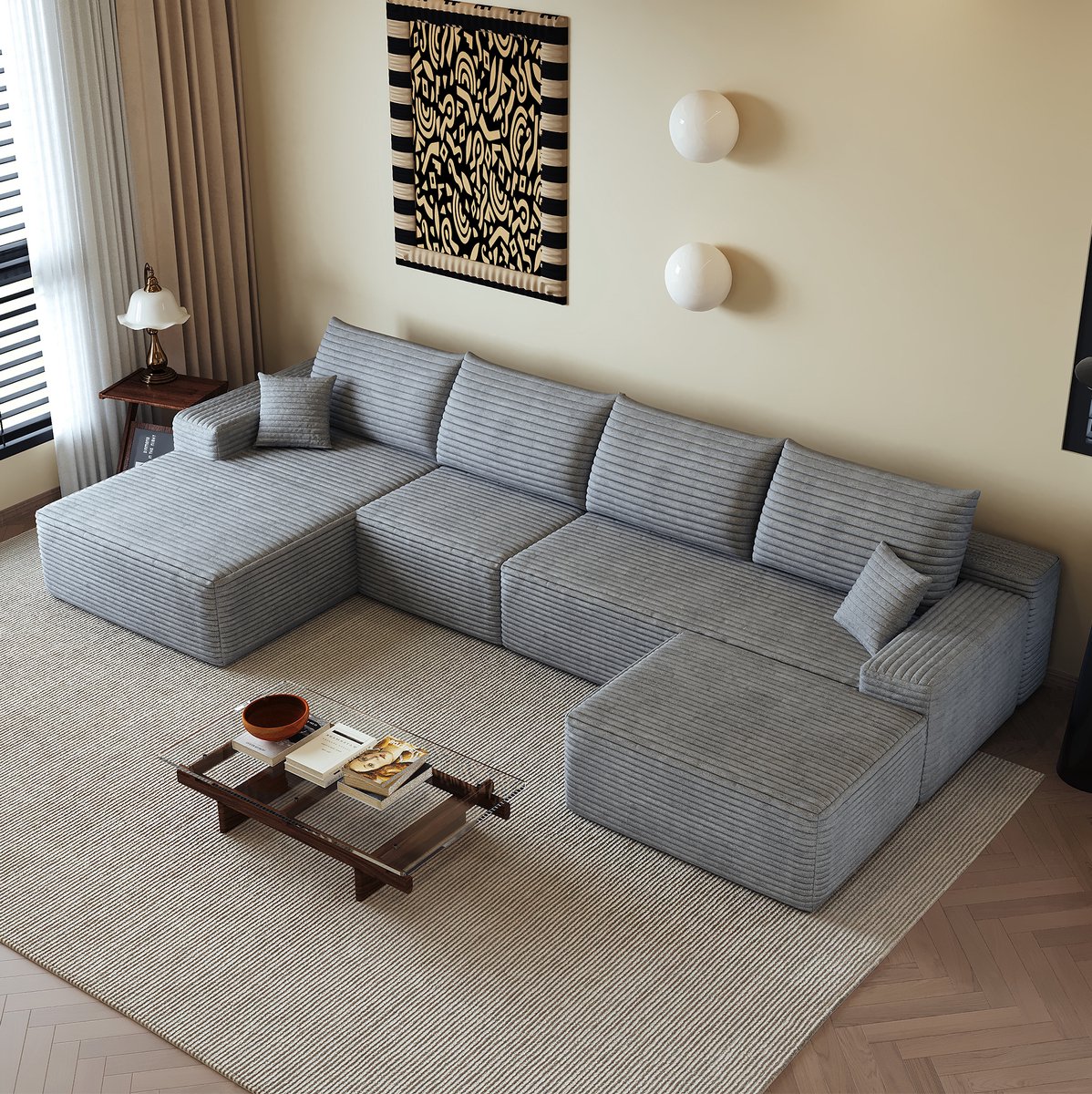 MODENUIT Hoekbank 340 cm - L-Vormige Chaise Longue - 5-Zits Voor Woonkamer En Appartement - Stof - Grijs