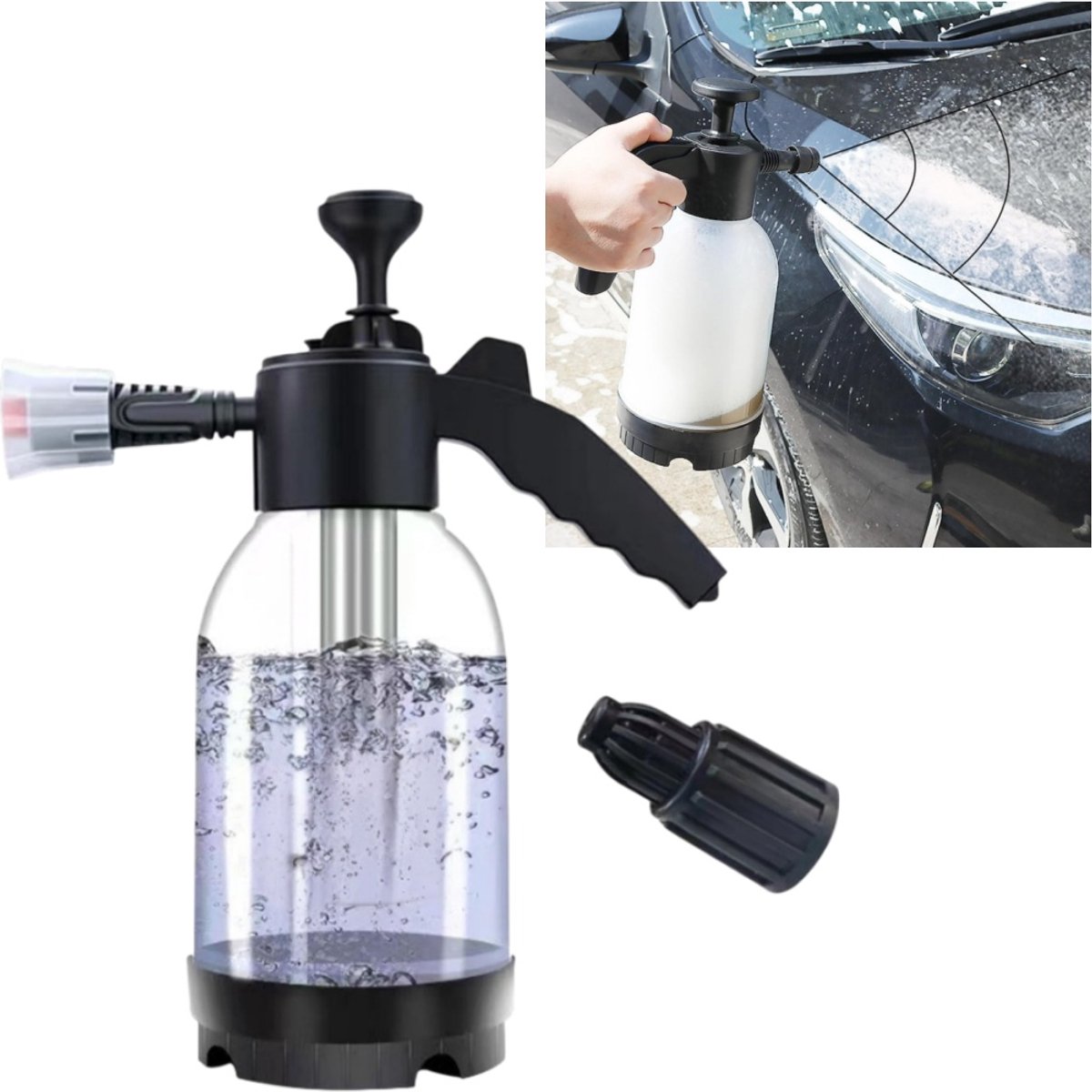 1 stuk - Autoschuimspray - 2-liter reservoir onder druk - Autowassprayfles - Reinigingssprayfles - 12,5*33 cm - Geschikt voor autowassen en schuimreiniging - Zwart, wit