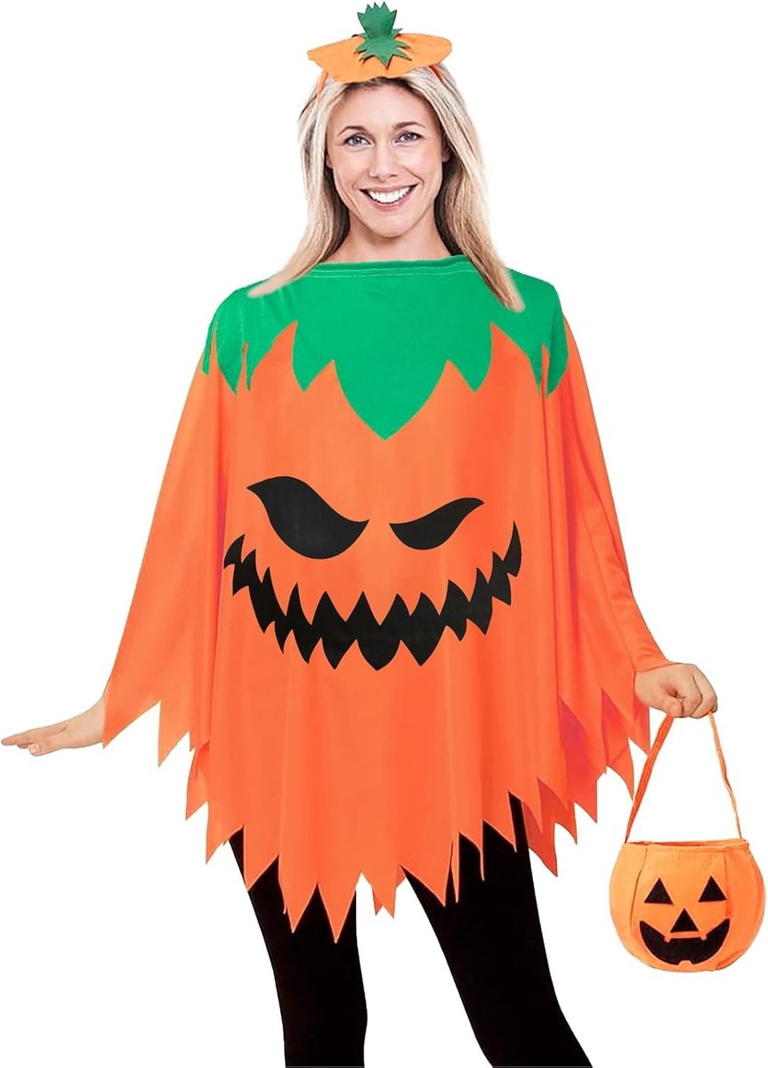 Halloween Kostuum Cape voor Dames, Oranje Pompoen Poncho met Hoofdband en Pompoentas, Leuk Kostuum voor Themapartijen en Verkleedfeestjes