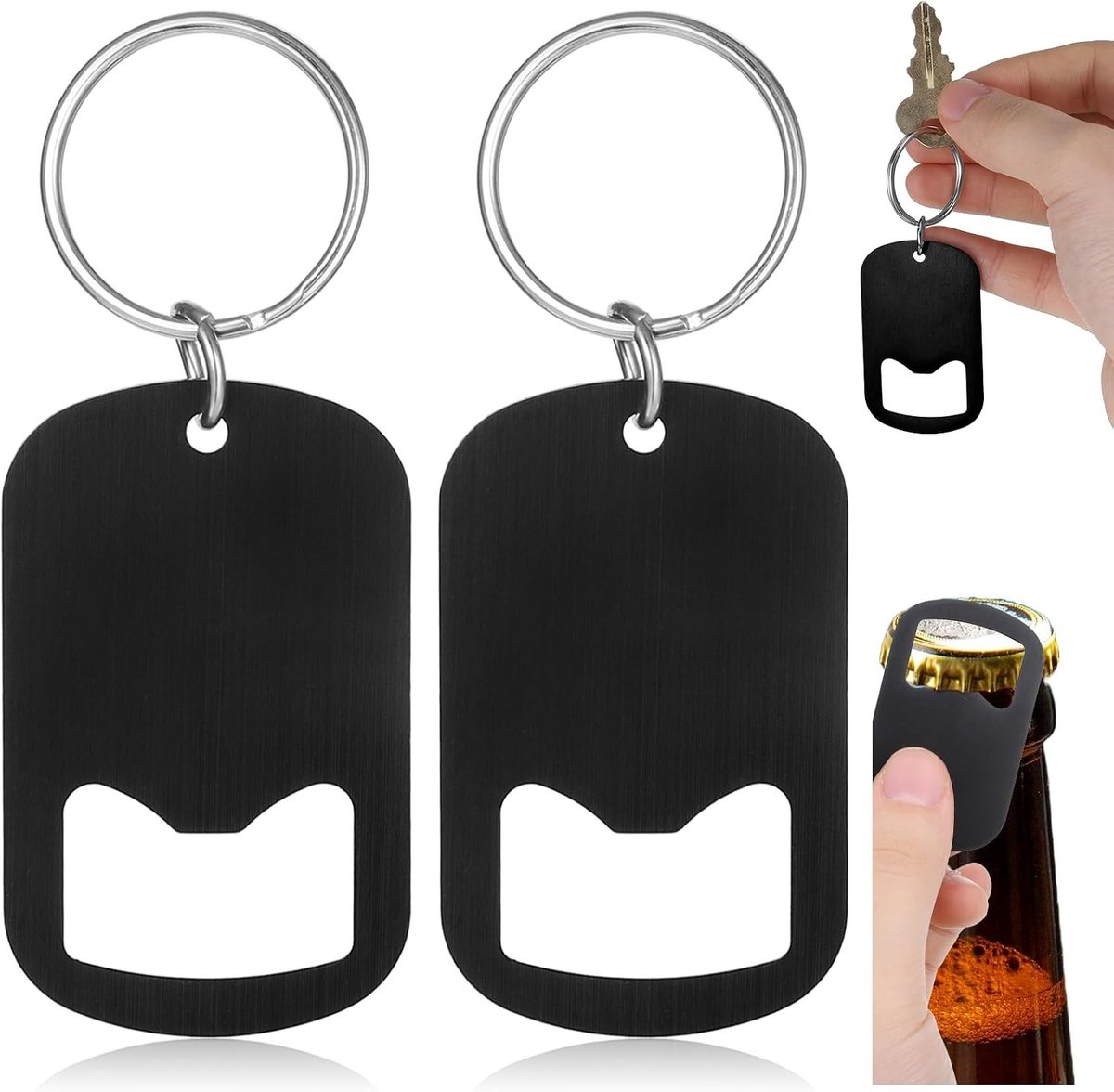 Set van 2 zwarte roestvrijstalen flessenopeners met sleutelhanger voor bier, blikjes en keukenaccessoires
