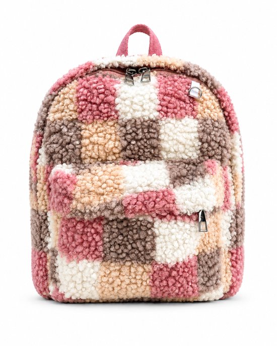 Roze teddy rugzak met ruitenpatroon in verschillende pasteltinten en bruin. Met ritssluiting.