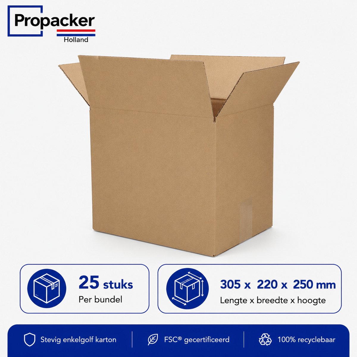 Verzenddoos 305 x 220 x 250 mm – Enkelgolf Karton – FEFCO 0201 – Bruin – 25 Stuks - Propacker