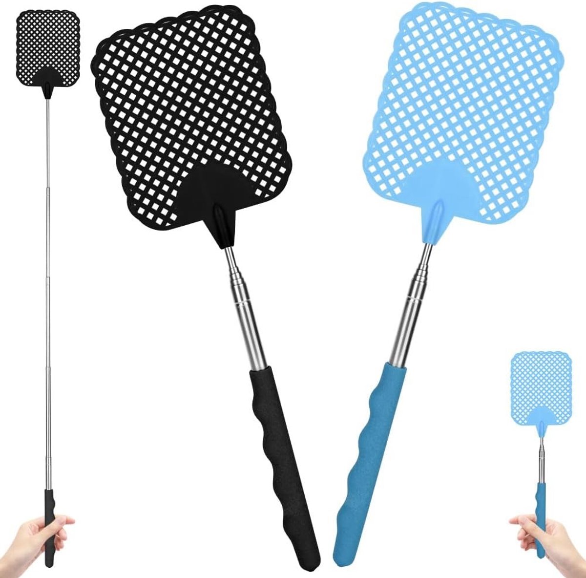 Verstelbare Vliegenschepper met Telescopische Handgreep, 2 Stuks, Ideaal voor Binnen en Buiten, Roestvrij Staal, 26.5 cm tot 73 cm