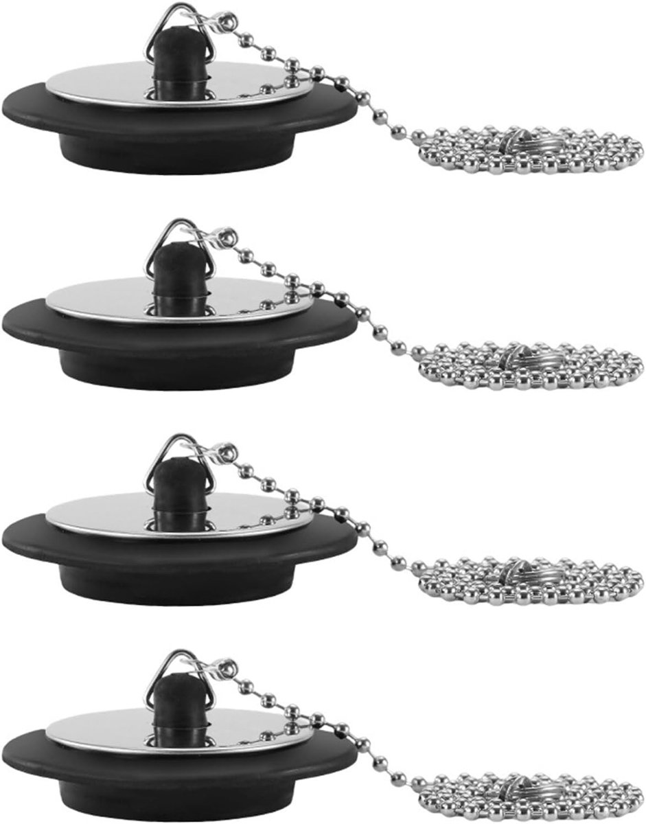 Set van 4 Rubber Badpluggen met RVS Ketting - Universele Vervangplug voor Badkuip, Wastafel en Keuken (Binnenmaat 43mm, Ketting 40cm)