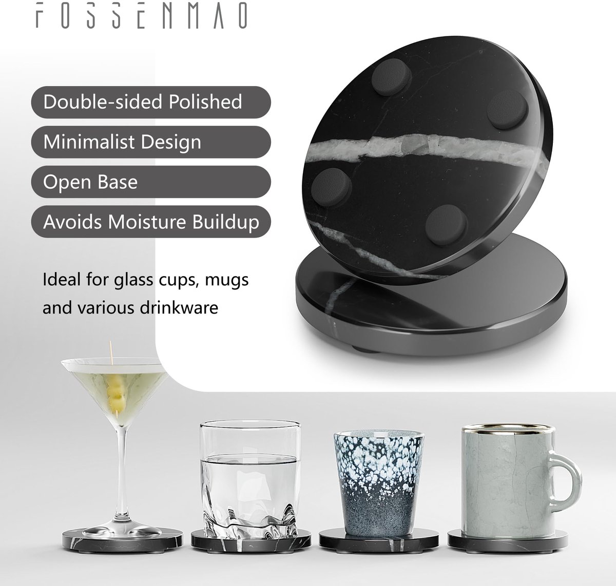 Onderzetters set van 4 - ronde marmeren onderzetters - zwarte Marquina - gepolijst voor salontafel - ShopVlot