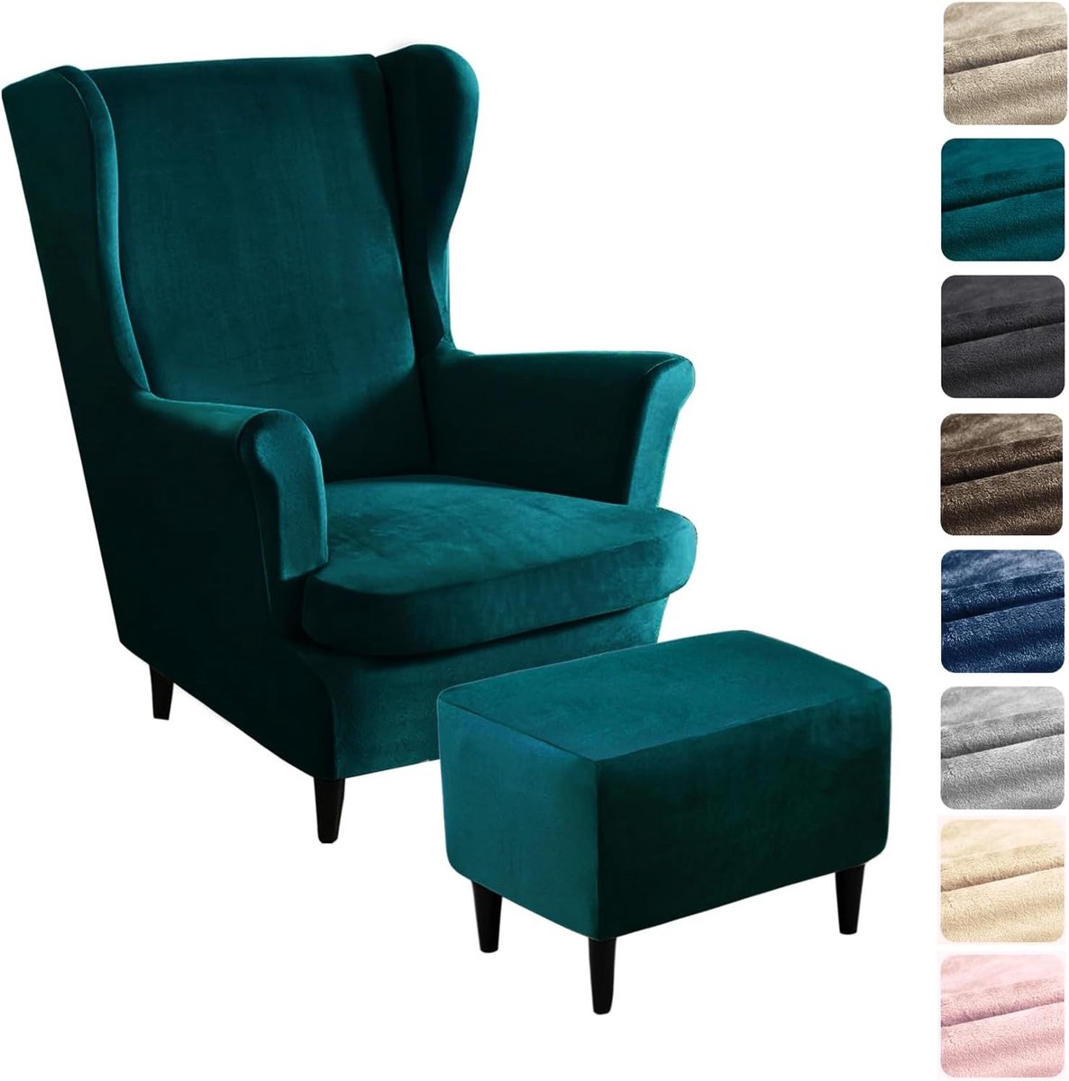 3-delige Stoel- en Voetensteunhoes van Rekbaar Fluweel voor Hoge Rug Stoelen in Turquoise met Armleuningen