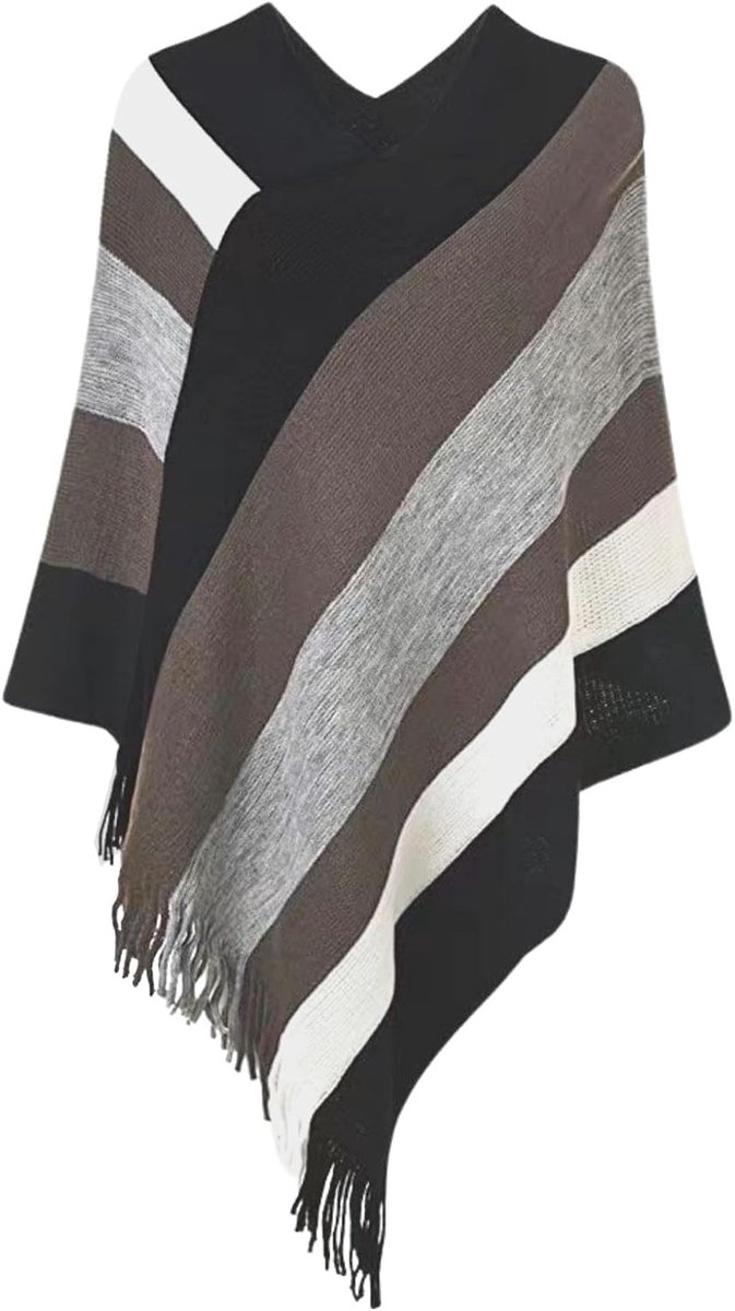 Warme Gehaakte Gestreepte Poncho voor Dames in Plus Size met Fluffy Mouwen en Franje - Ideaal voor de Winter als Sjaal of Sweater