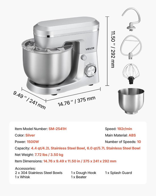 Keukenmachine - Mixer - Bakken en Koken - Krachtige 1500W Motor - 5.7 Liter Kom - Zilver — afbeelding 5