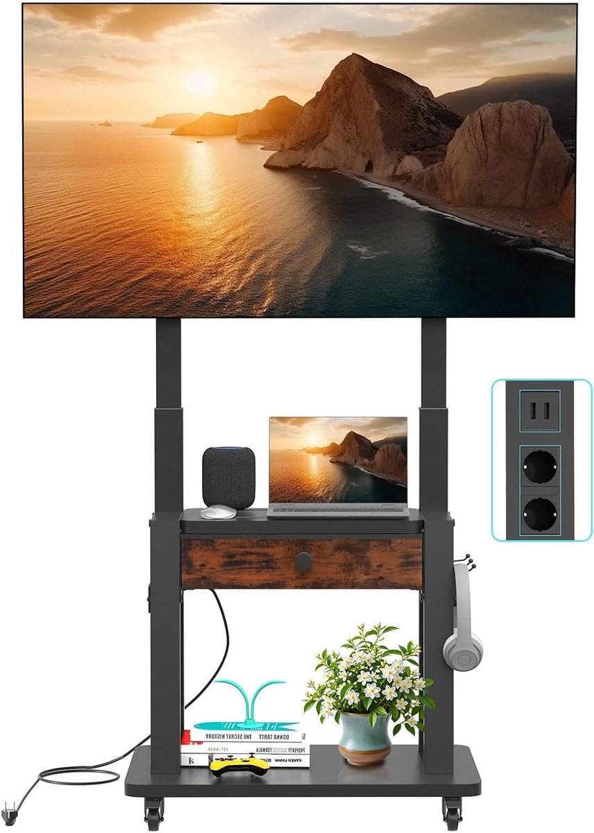 Verrijdbaar tv-meubel - Mobiele tv standaard - Ruimte organiseren - Geïntegreerd stopcontact - 32-75 inch - Zwart