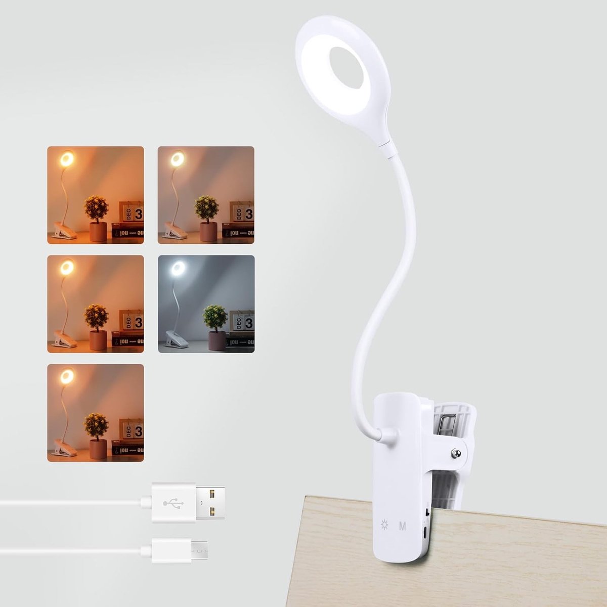 Leeslamp met Klem, Oplaadbaar via Type C, 5 Kleuren en 5 Lichtsterkten, Dimbare Tafellamp voor Nachtlezen, Accu-aangedreven Verlichting