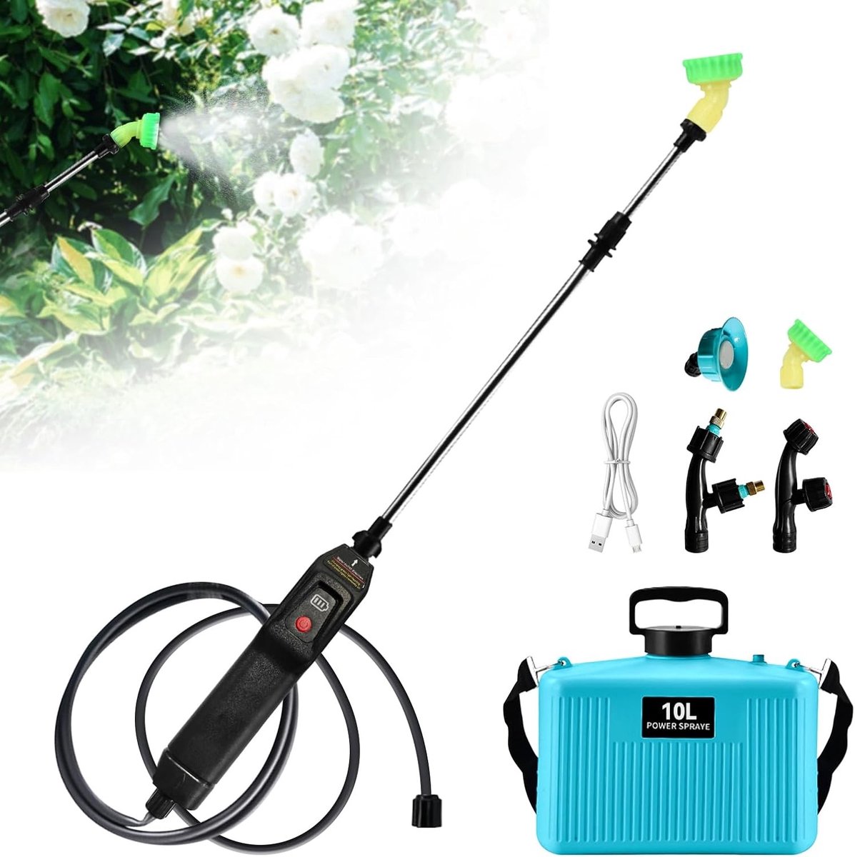 Draagbare elektrische rugspuit met 10L capaciteit, oplaadbare USB, 4 nevelspuiters voor tuin en gazon