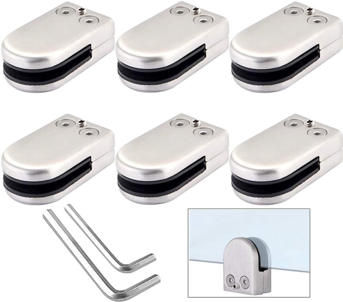 Set van 6 Verstelbare Glasklemmen van RVS voor Trapleuning en Balustrade - 10~12mm Geschikt