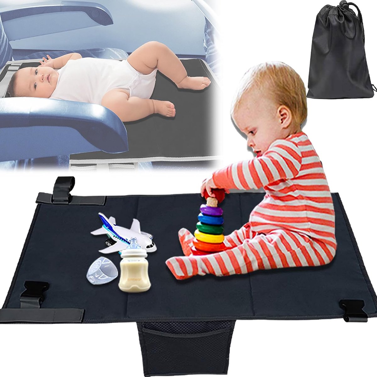 Zwart reisbedje met voetenbankje, Geschikt voor babybenodigdheden Geschikt voor vliegreizen, afmetingen 79 x 44 cm