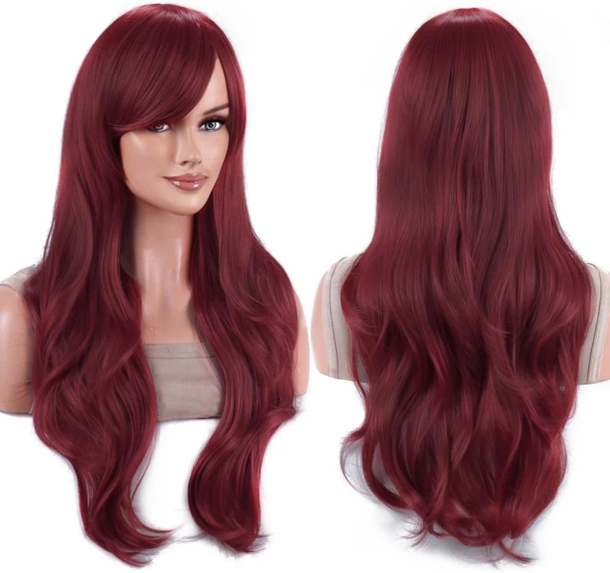 70 cm Lange Watergolven Perucque met Pony voor Cosplay en Feestkostuum in Burgondië