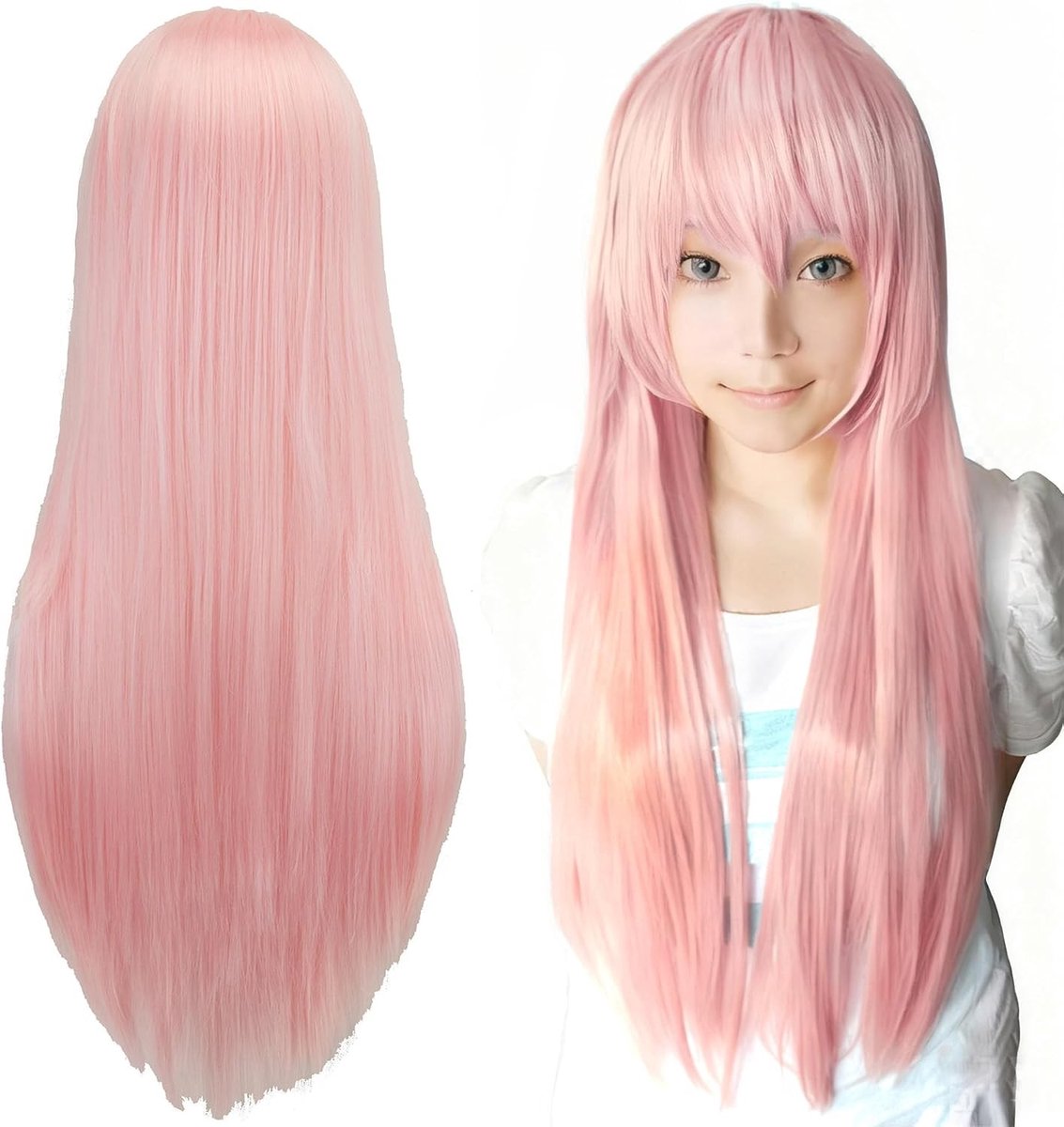 80 cm Lange Glad Cosplay Peruc k met Pony - Kleurrijke Halloween Kostuum Party Haar Extensions (Lichtroze)