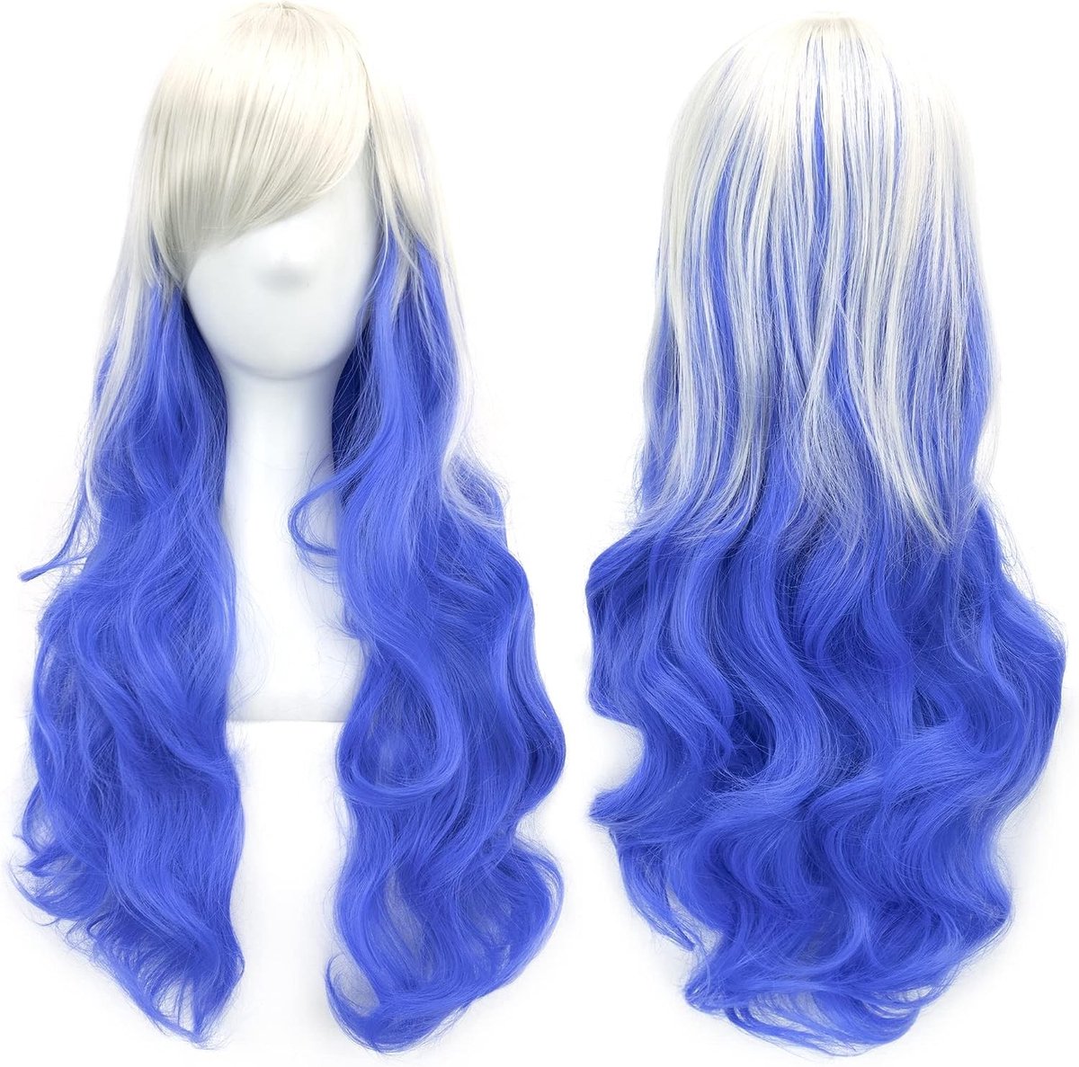Natuurlijke Lange Cosplay Peruca van 66 cm met Pony voor Halloween en Feestjes - Kleur: Wit Blauw, Perfect voor Vrouwelijke Kostuums en Theatrale Optredens
