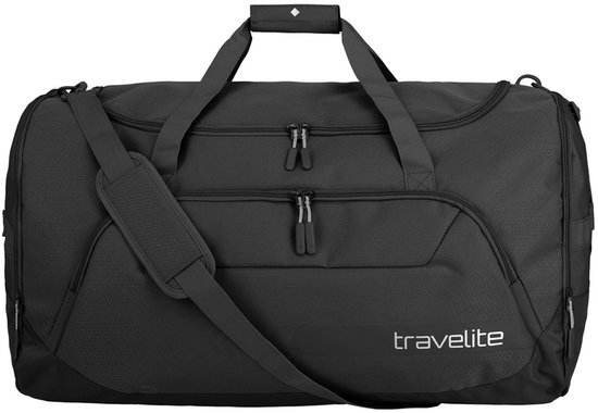 Zwarte travelite reistas met schouderband en diverse ritsvakken. De naam 'travelite' staat op de voorzijde.