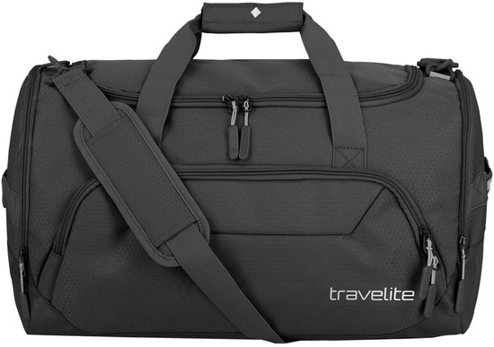 Zwarte Travelite sporttas met handvatten, schouderband en Travelite logo.