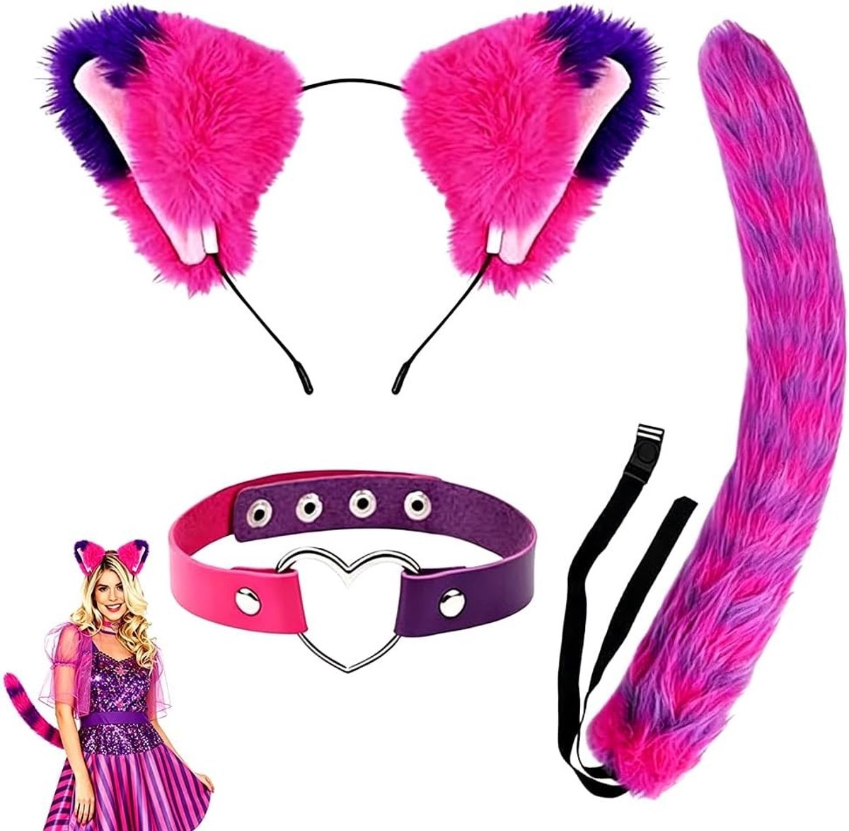 Gestreept kattenkostuum voor vrouwen met pluizige kattenoren, staart en hartvormige PU leren ketting - Perfect voor Halloween en cosplay feestjes