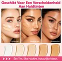 Close-up van modellen met lichte, medium en donkere huidtinten, met swatches van de foundation.