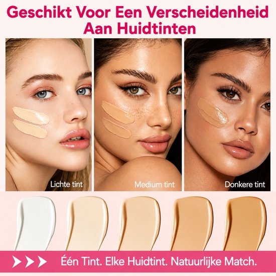Close-up van modellen met lichte, medium en donkere huidtinten, met swatches van de foundation.