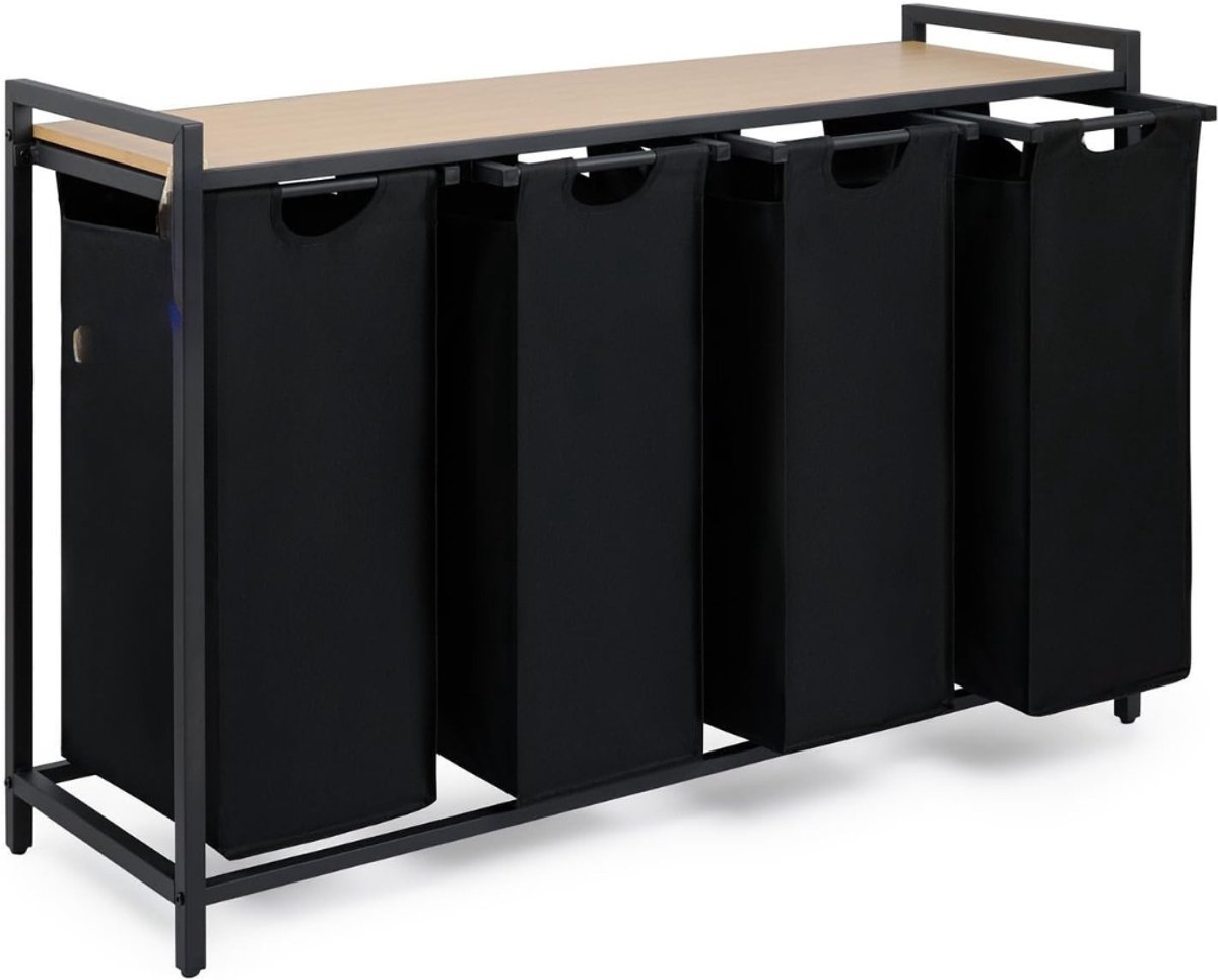 Allvia® Wasmand 4 Vakken - Wasbox - Wassorteerder - met Plank in Bamboe-Look - met Metalen Frame in Zwart - Zwart - 36cm x 111cm x 73cm