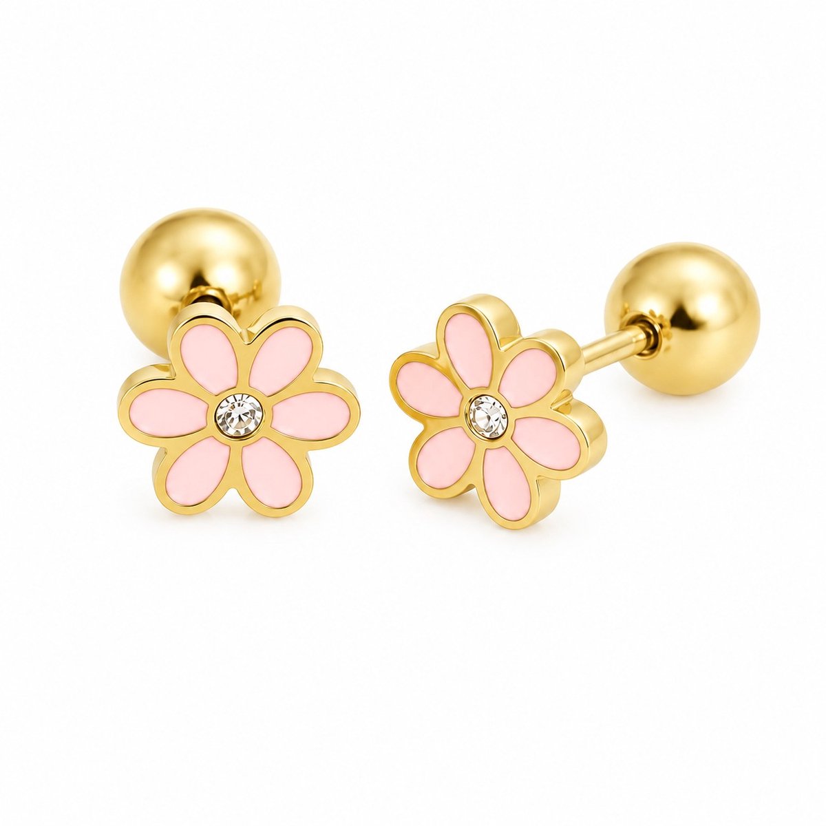 Oorbellen Bloem Meisje- Bloemetjes Oorbellen- Roze- Goudkleurige Kinder Oorbellen Bloem- Meisjes Oorknopjes Bloemetje- LiLaLove- Kinderoorbellen- Cadeau Meisje