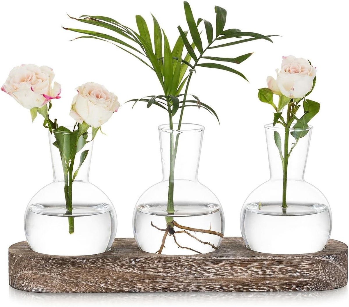 Terrarium Plant Propagation Station: Glazen Hyacintbol Vaasje met Vintage Houten Tray voor Hydroponische Planten, Ideaal voor Kantoor en Thuisdecoratie