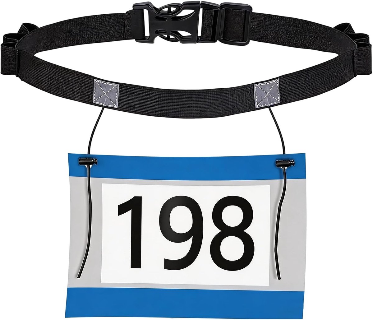 Verstelbare startnummerband voor triatlon en marathon, elastische loopgordel met koordlussen, zwart en comfortabel