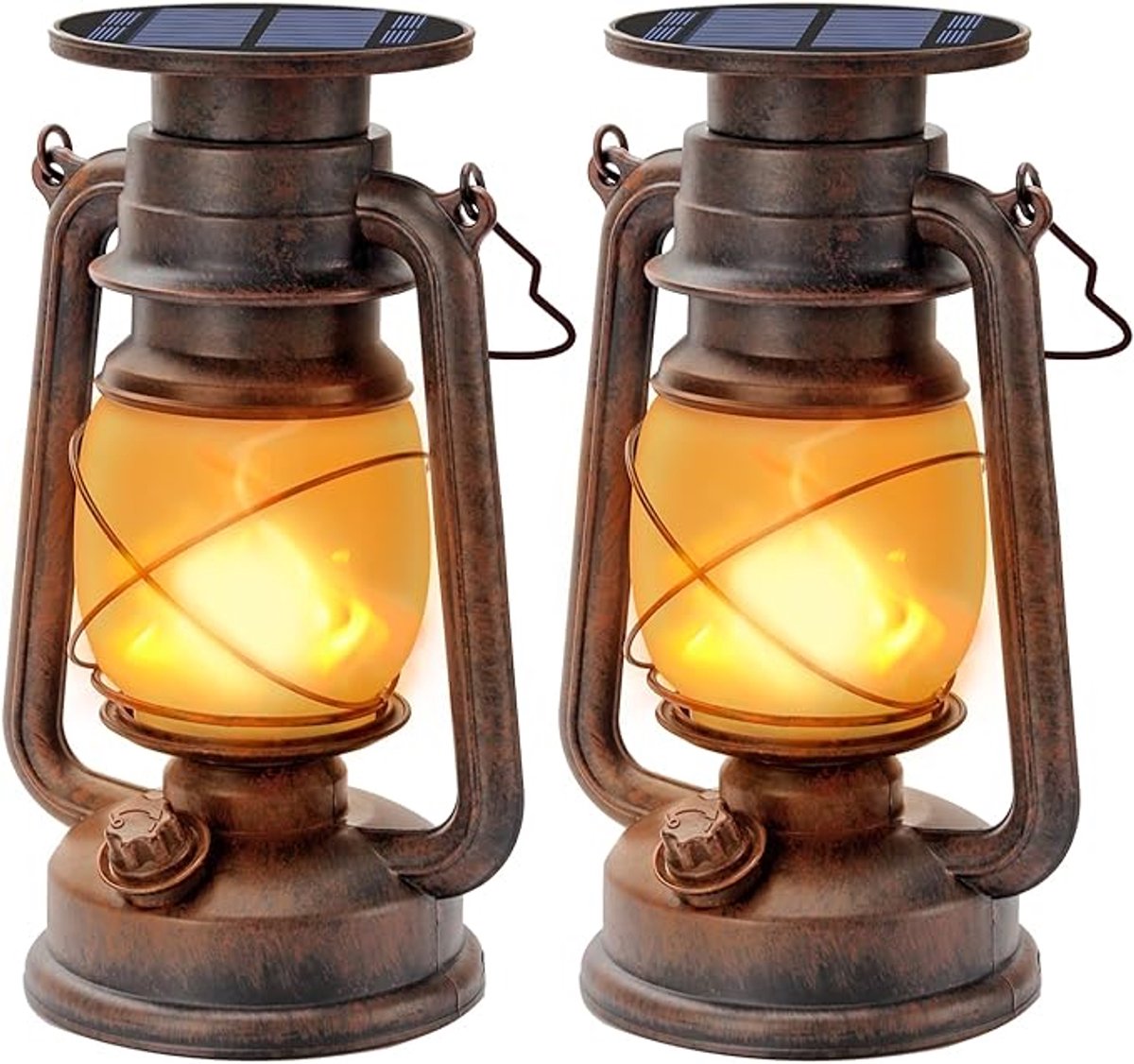 Solar Lantaarns Set Van 2 - Vintage LED Buitenlampen Op Zonne-Energie Met Vlameffect - Waterdichte Hangende Tuinverlichting Voor Tuin, Terras En Camping