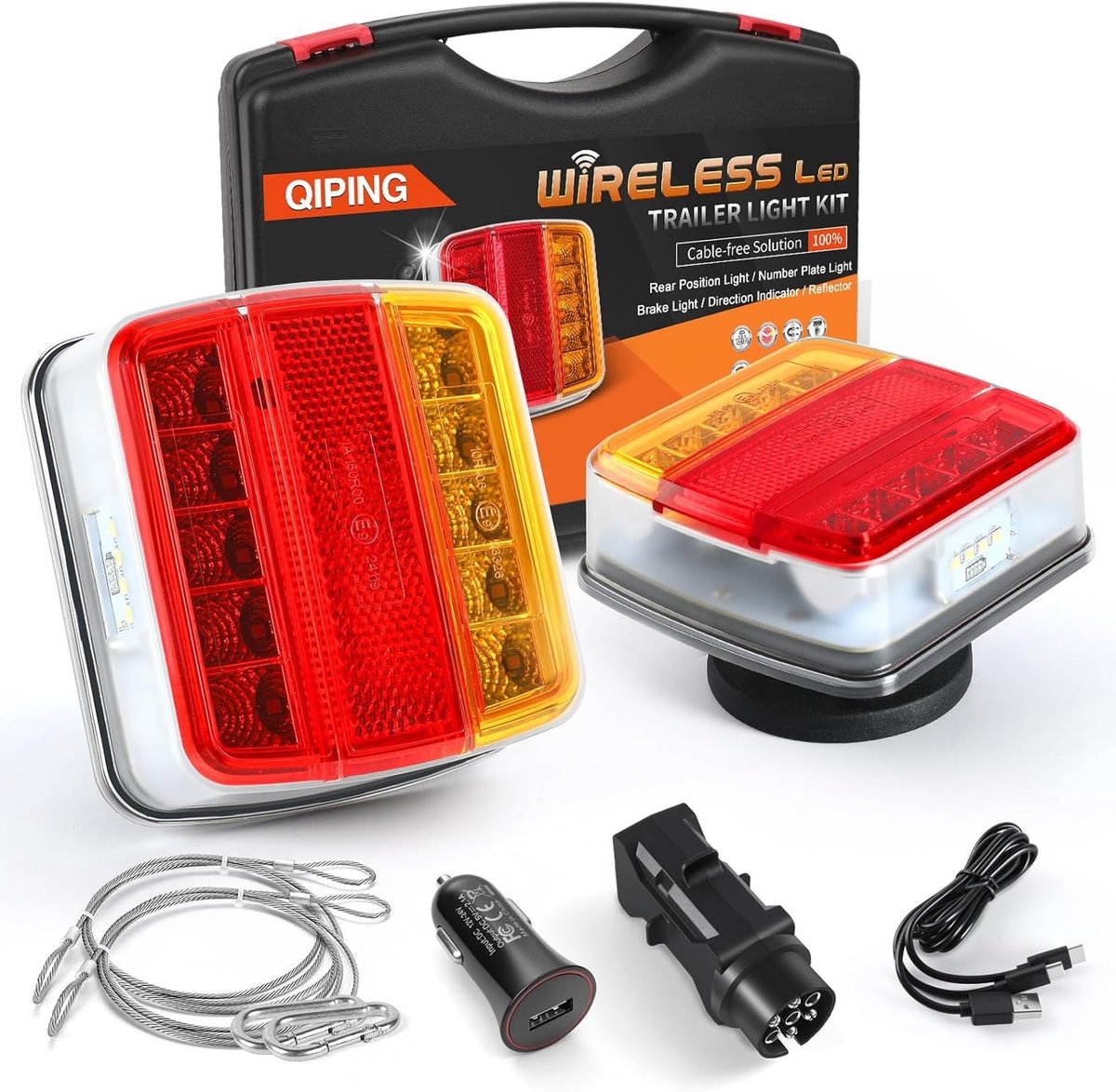 Draadloze LED-achterlichten voor aanhangwagens, oplaadbaar en waterdicht, 12V verlichting met magneetbevestiging, ECE-goedgekeurd en 7-polig systeem