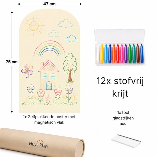 Meisje met bruin haar in paardenstaart, met beige trui en jeans, tekent huis met regenboog op beige poster. Afmetingen 47x75 cm. Doos met 12 krijtjes.