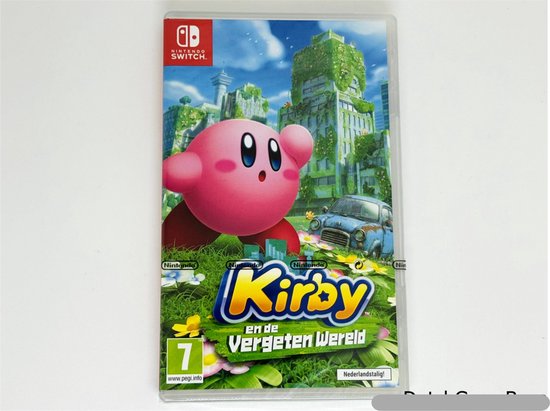 Nintendo Switch spel: Kirby en de Vergeten Wereld met Kirby in de hoofdrol in een groene, stedelijke omgeving.