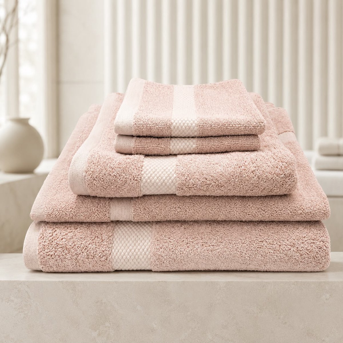The Linen Room Badkamerset – 6-delig met Badmat – Saunahanddoek, Douchehanddoek, Handdoek & 2 Gastendoekjes – 100% Katoen – Dubbelgetwijnd 20/2 Garen – OEKO-TEX® – Oudroze