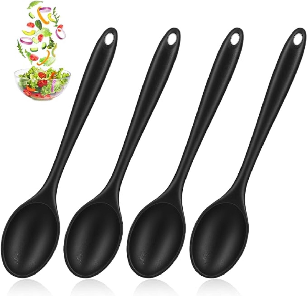 4 stuks siliconen lepels 20 cm zwart - hittebestendig en antiaanbaklaag - voor serveren, koken en bakken