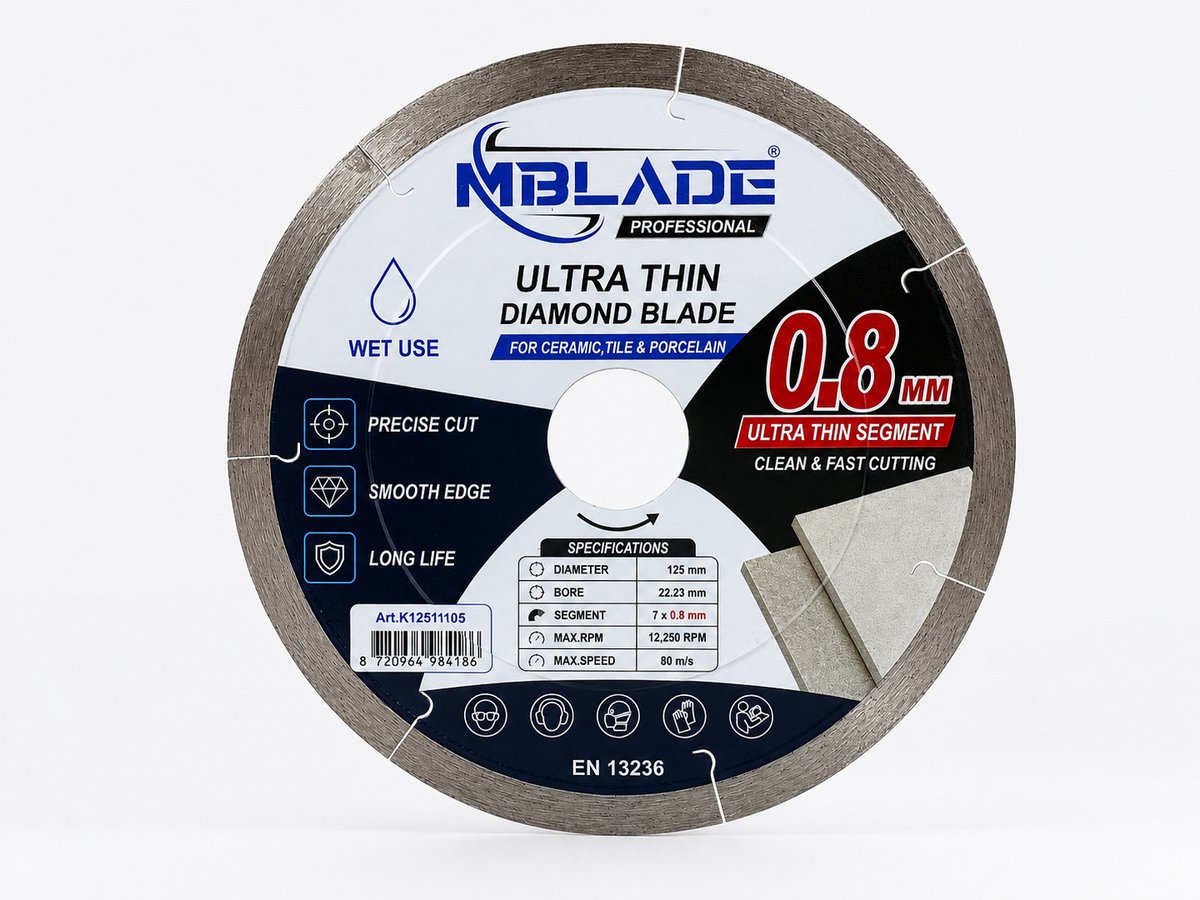 Diamantschijf - Diamantzaagblad 125 mm – 0,8 mm Dun – Voor Keramiek, Tegels & Porselein – Nat Zagen – Asgat 22,23 mm