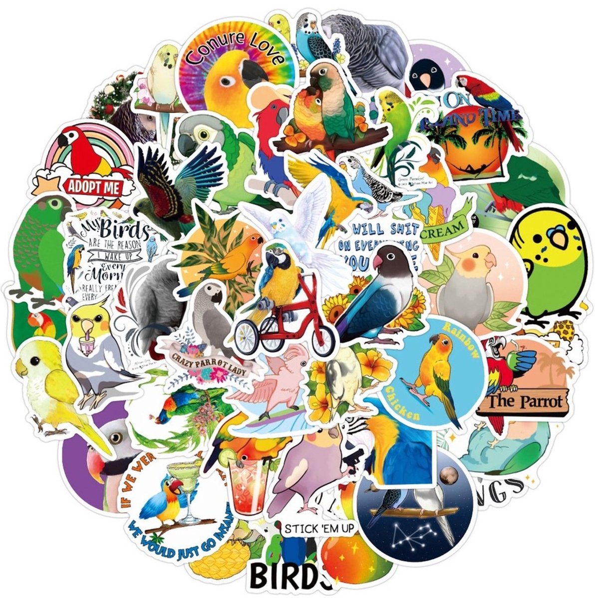 50 Vogel Stickers – Papegaai, Parkiet, Valkparkiet, Ara & Agapornis