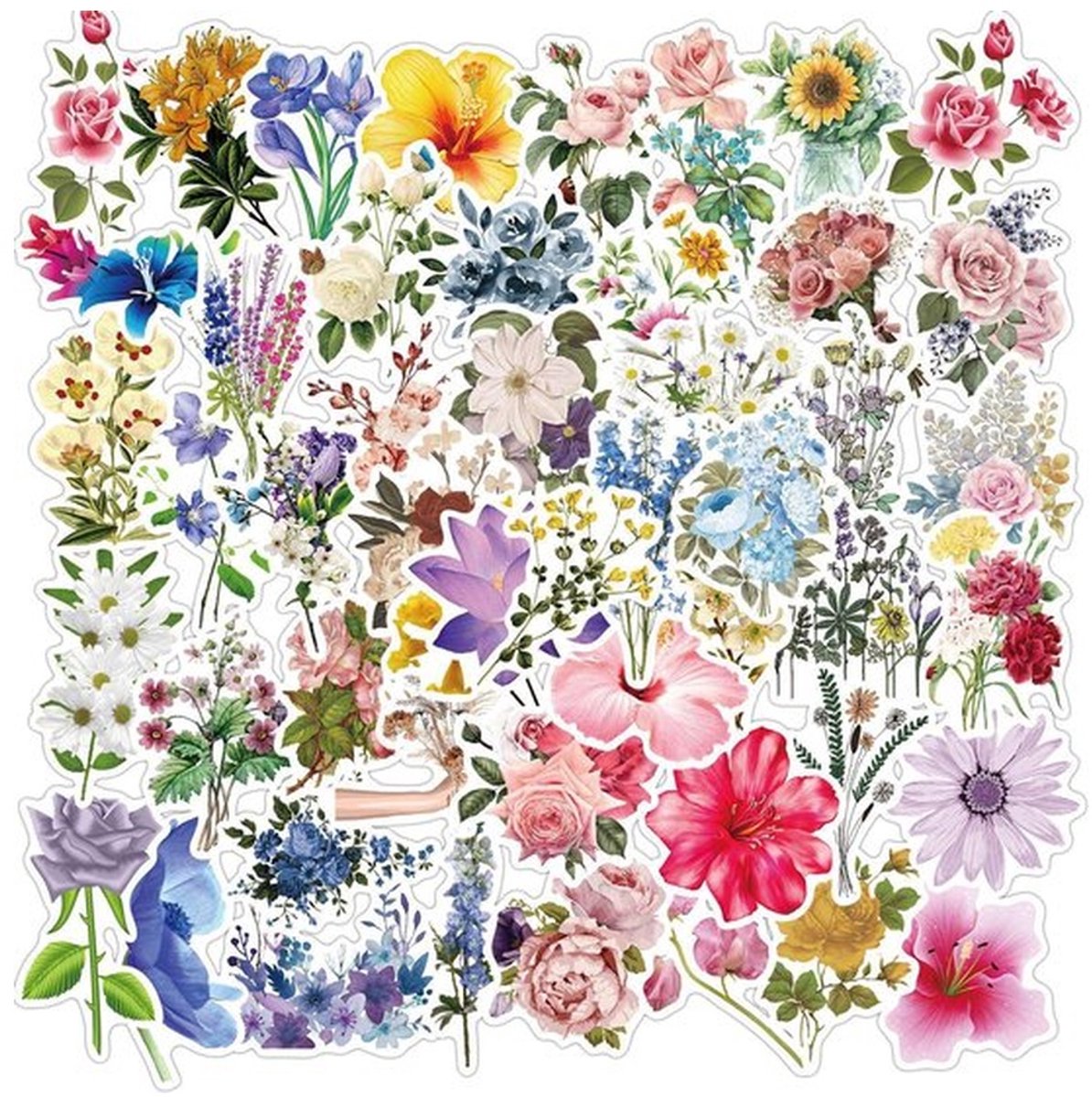 50 Bloemen Stickers – Kleurrijke Bloemen & Botanische Mix