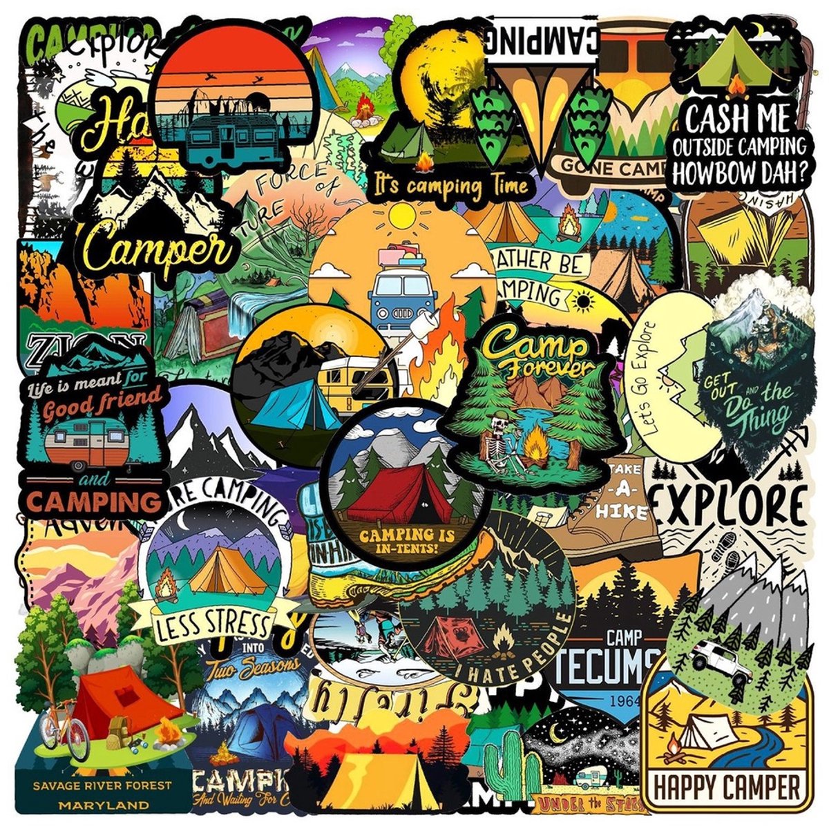 50 Camping & Outdoor Stickers – Reizen, Natuur & Avontuur