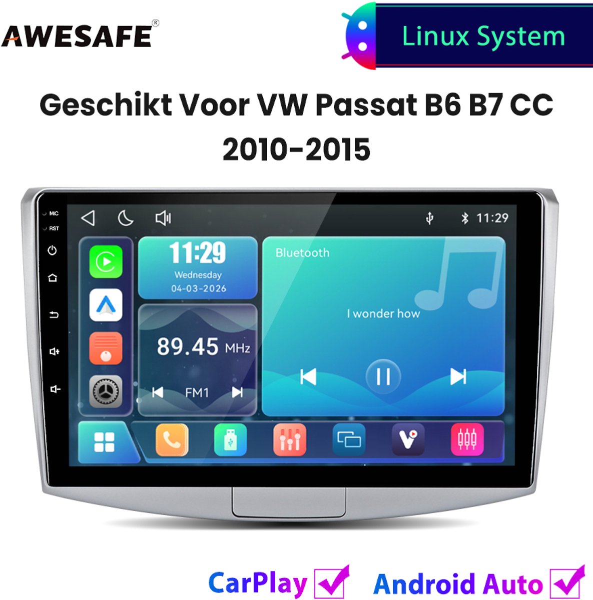 Awesafe Autoradio - Geschikt Voor VW Volkswagen Passat B6 B7 CC 2010 t/m 2015 - Draadloos Carplay Android Auto - Linux systeem - 10 Inch Touchscreen - Bluetooth Wifi - 2010 2011 2012 2013 2014 2015