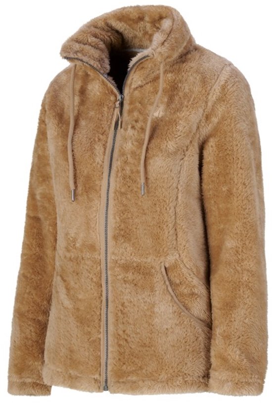 Camelkleurig fleece vest met rits, capuchon met trekkoord en open steekzakken, van de zijkant.