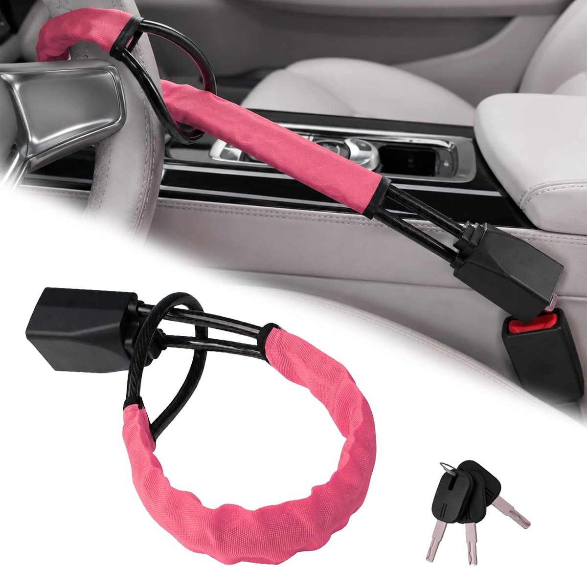 Autostuur- en gordelslot - 17 inch universeel antidiefstalapparaat voor auto's, SUV's en golfkarretjes | Compact en lichtgewicht veiligheidsslot met multifunctionele sleutels (roze)