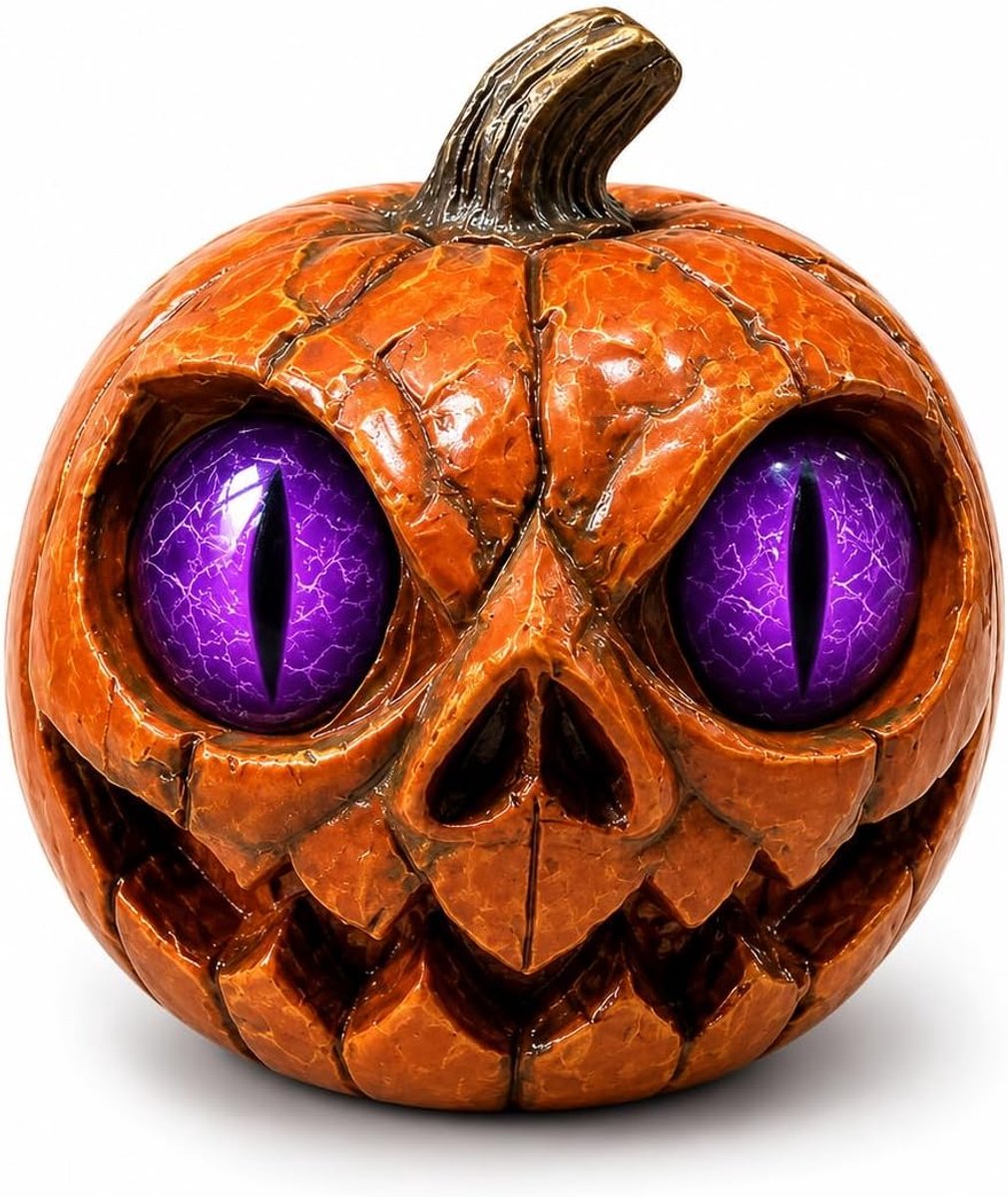 Casalora® Halloween Decoratie Pompoen – Resin Jack O Lantern Beeld met Kattenoog Design – Horror Tafeldecoratie voor Bureau, Plank, Mantel en Halloween Feest – Paars
