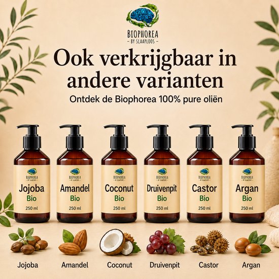 Zes bruine flessen Biophorea 100% pure oliën: Jojoba, Amandel, Kokos, Druivenpit, Castor, Argan