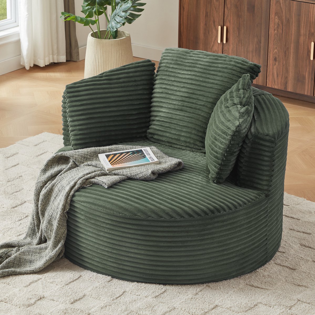 DESMIU Fauteuil - 1-Zits - Rond Diep Zitcomfort - Voor Woonkamer, Slaapkamer En Thuiswerkplek - Corduroy - Groen
