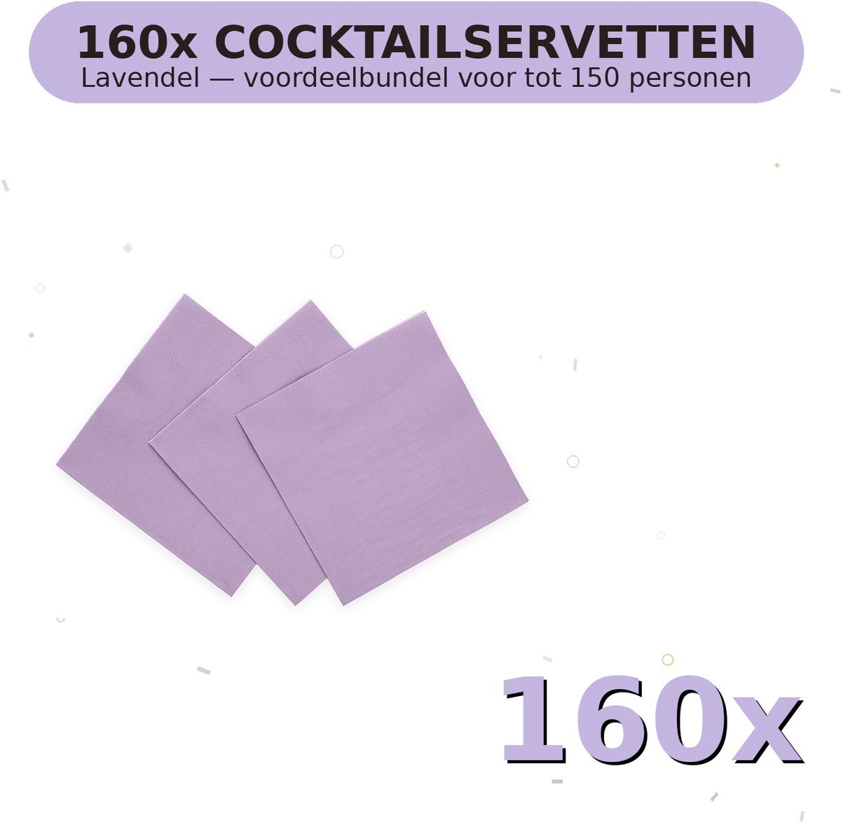 Cocktail servetten 24x24cm FSC Lavendel - Voordeelverpakking 160 Stuks voor tot 150 Personen - Feestartikelen