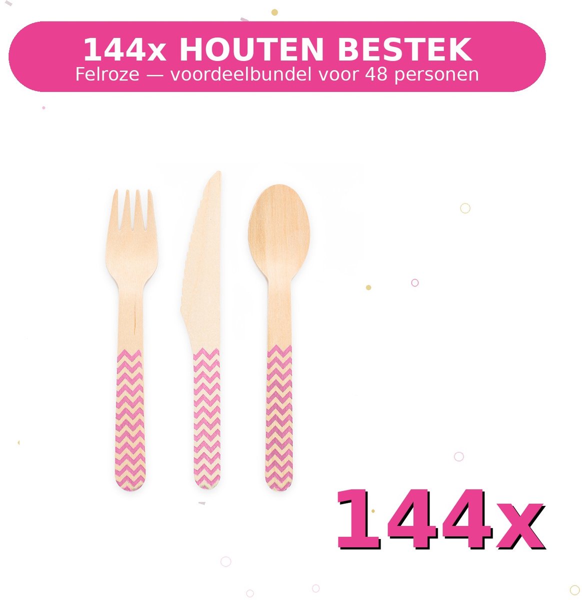 Houten bestek FSC Felroze - Voordeelverpakking 144 Stuks voor tot 48 Personen - Feestartikelen