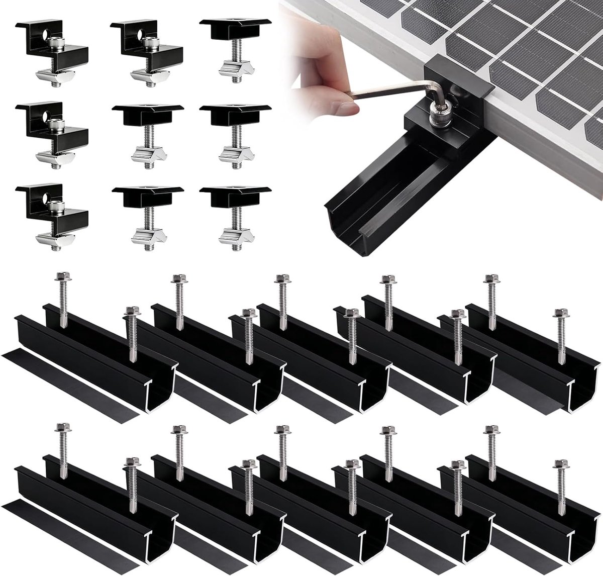 Solar Panel Holder for 4 X Modules, 12cm Black Rail + Adjustable Clamp for 30-35mm Thick Modules, Aluminum Solar Panel - ShopVlot