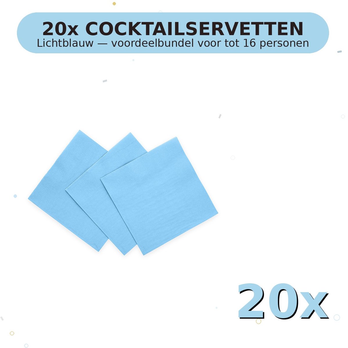 Cocktail servetten 24x24cm FSC Lichtblauw - Voordeelverpakking 20 Stuks voor tot 16 Personen - Feestartikelen