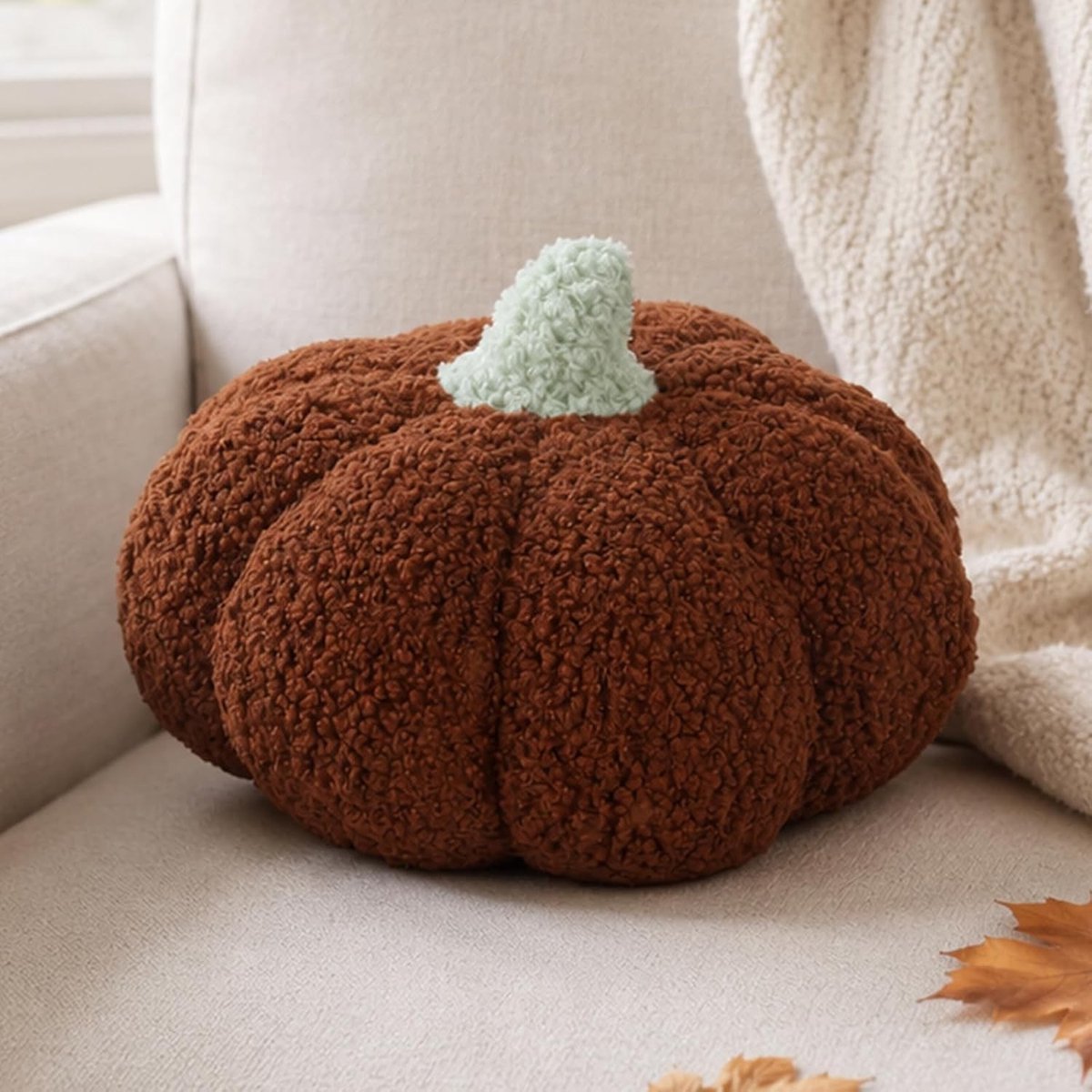 Pompoenkussen - Bruin - 20 cm - Zacht Teddyfleece - Voor Herfstdecoratie
